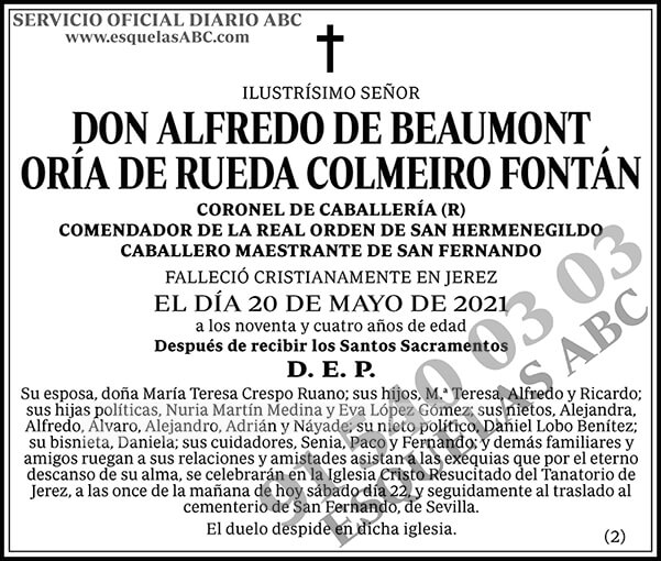 Alfredo de Beaumont Oría de Rueda Colmeiro Fontán