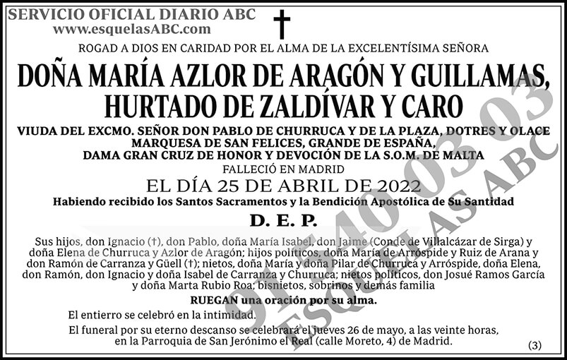 María Azlor de Aragón y Guillamas, Hurtado de Zaldívar y Caro