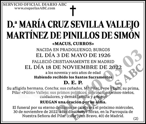 María Cruz Sevilla Vallejo Martínez de Pinillos de Simón