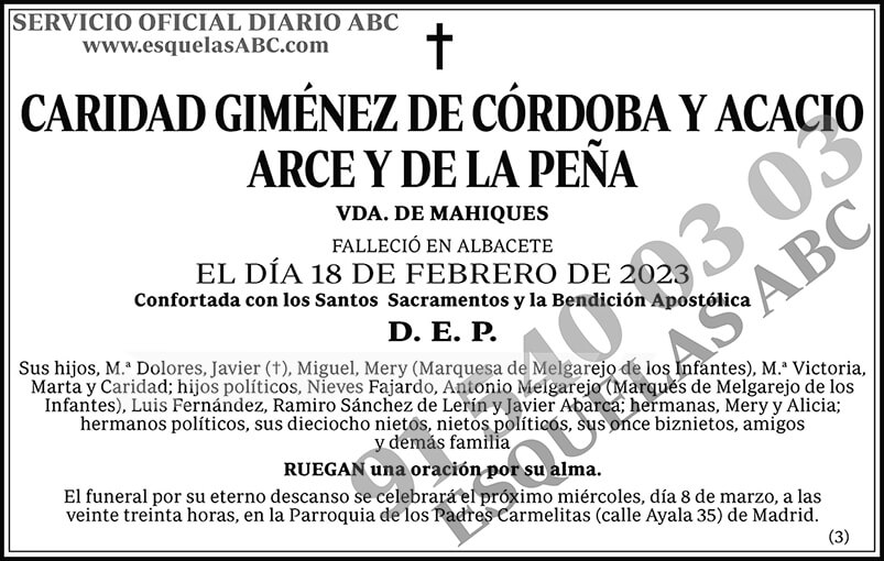 Caridad Giménez de Córdoba y Acacio Arce y de la Peña