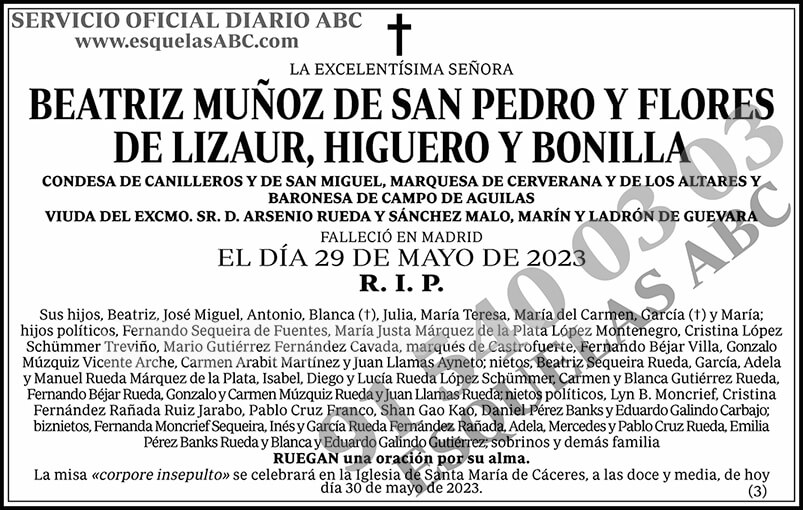 Beatriz Muñoz de San Pedro y Flores de Lizaur, Higuero y Bonilla