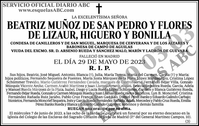 Beatriz Muñoz de San Pedro y Flores de Lizaur, Higuero y Bonilla