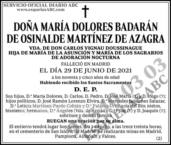 María Dolores Badarán de Osinalde Martínez de Azagra