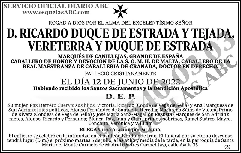 Ricardo Duque de Estrada y Tejada, Vereterra y Duque de Estrada