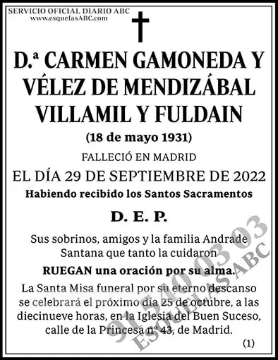 Carmen Gamoneda y Vélez de Mendizábal Villamil y Fuldain