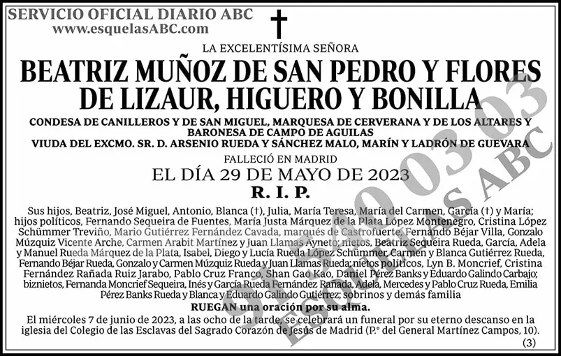 Beatriz Muñoz de San Pedro y Flores de Lizaur, Higuero y Bonilla